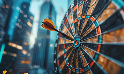 a dart hitting the bullseye on a target, representing strategic business goals,generative ai - obrazy, fototapety, plakaty