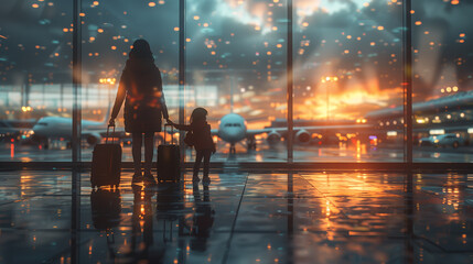 Family at airport travelling with young child and luggage walking to departure gate, girl pointing at airplanes through window, silhouette of people, abstract international air travel concept