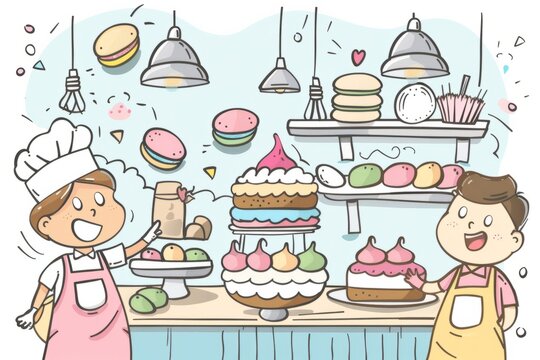 Cartoon cute doodles of a tiny bakery with colorful macarons and cakes being decorated by pastry chefs, Generative AI