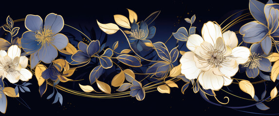 3d Abstract luxury gold pink orchid flower on dark navy blue background. Horizontal banner template. Suit for cover, header, wallpaper, banner, poster, backdrop	
