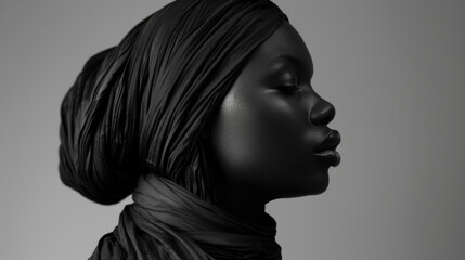 In a stunning monochromatic shot a black woman stands tall her head covered in a hijab showcasing a breathtaking array of colors and textures. The flawless HD quality of the portrait .