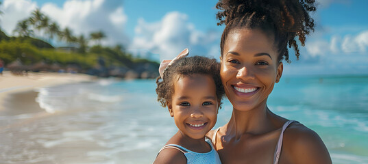 A single African American mother enjoys her summer vacation with her daughter on a sunny paradise beach, with copy space. - obrazy, fototapety, plakaty