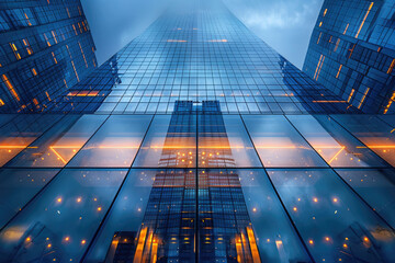 A photo of a modern skyscraper with its glass facade reflecting the city around it