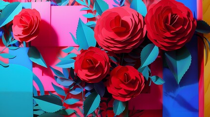  A closeup of red roses made from paper, arranged on top of a colorful blue and pink paper background.