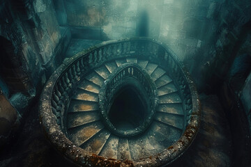 A creative and artistic photo of a spiral staircase leading up to an unknown destination - obrazy, fototapety, plakaty