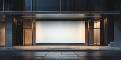 A large billboard stands empty, illuminated by bright lights against the dark nighttime sky. The empty advertisement space is conspicuous in the urban landscape.
