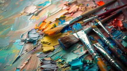 Obraz premium This close-up shot showcases a paintbrush with vibrant paint applied to its bristles. The bristles are coated with a thick layer of colorful acrylic paint.