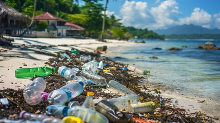 The beach is covered in plastic bottles and various trash items, creating a grim and polluted scene. The litter is strewn across the sand, harming the environment and wildlife. - obrazy, fototapety, plakaty