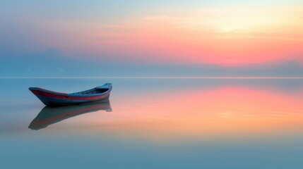 A small boat peacefully drifts on the calm surface of a body of water. The boat appears to be floating effortlessly, creating a simple yet visually appealing scene. - obrazy, fototapety, plakaty