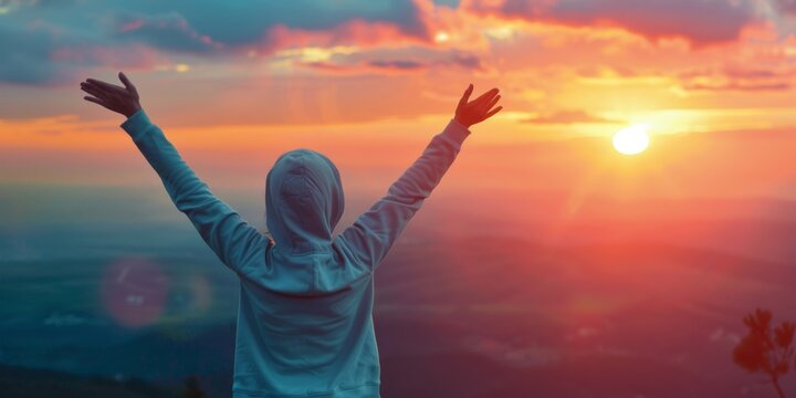 A person standing with their arms lifted up in the air, expressing joy or triumph. The individual appears to be celebrating a moment of victory or happiness.