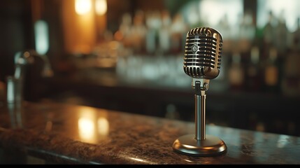 Close up of vintage microphone on bar counter in a jazz club, high definition photography - Powered by Adobe