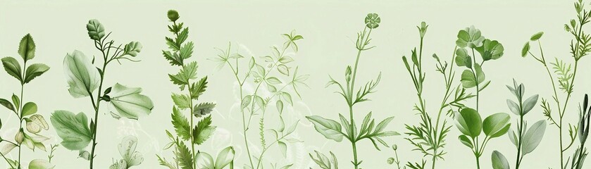Botanical Illustrations, green background featuring illustrations of various plants flowers and botanical elements - obrazy, fototapety, plakaty