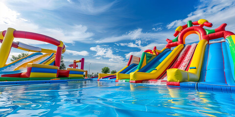 Fototapeta na wymiar Inflatable water park with colorful slides and bouncy castle on blue sky background, generative AI