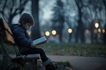 Youthful Insights: Capturing the Peaceful Moment of a Child Reading Alone in a Park at Dusk, Symbolizing Learning and the Serenity of Daily Life - obrazy, fototapety, plakaty