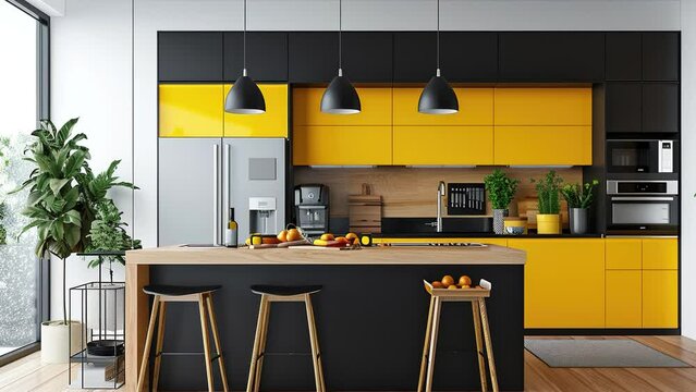 Modern kitchen interior. 3d rendering of yellow and black kitchen interior with white walls and wooden floor. Hanging lamp above. Spacious modern kitchen interior with dining zone. 4K Videos