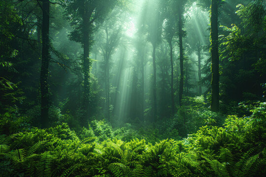 A photo of a lush green forest with its trees reaching up to the sky
