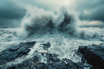 A creative and artistic photo of a crashing wave on a rocky shore - obrazy, fototapety, plakaty