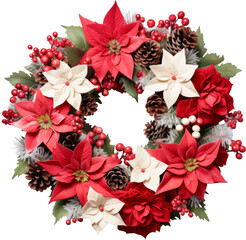 red fower christmas garland wreath frame isolated on white or transparent background,transparency