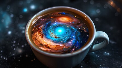 Cosmic Coffee Universe in a Cup on Wooden Table. Space Galaxy Center Macro Photography. 