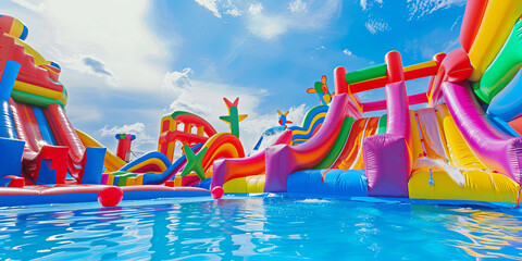 Fototapeta na wymiar Inflatable water park with colorful slides and bouncy castle on blue sky background, generative AI