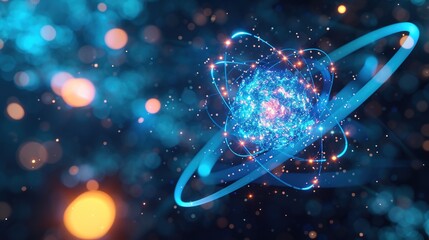 Concept of a close-up image of an atom model for nuclear energy. Sci-fi color background. Generative AI