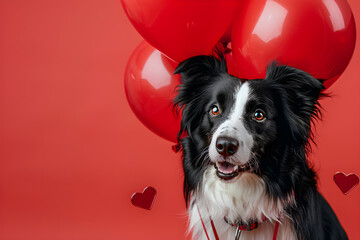 Adorable border collie dog with heart shape balloon, isolated. Love and romance, valentine's day concept. High quality photo. - obrazy, fototapety, plakaty
