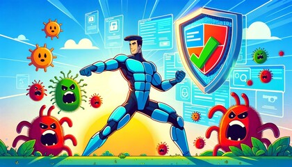 Superhero fighting off colorful viruses with a digital shield, illustrating cybersecurity, virus protection, and internet safety concepts