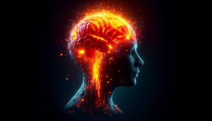 Side profile of a human silhouette with a glowing brain, symbolizing intelligence, mental power, and the complexities of the human mind