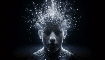 Frontal view of a human face with a particle explosion from the head, symbolizing the power of thought, innovation, and the dynamic human mind