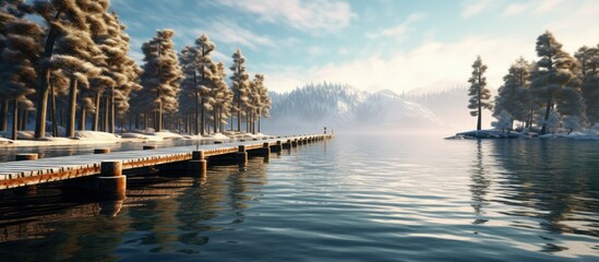 Obraz premium Sunny morning on the Lake with cypress trees and icy rock hills and wooden docks, blue light, green