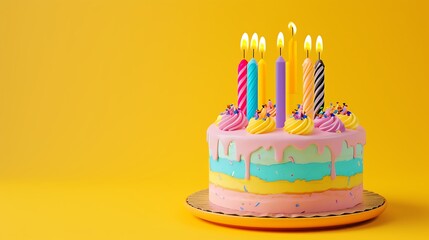   A colorful birthday cake with candles on beautiful background