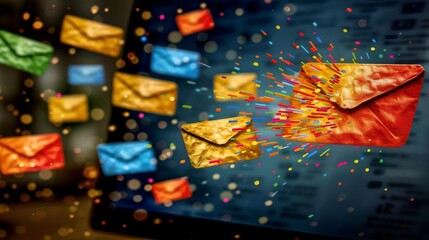 Multiple fiery email envelopes emerging from a computer screen against a blurred background, visualizing the intensity of digital communication - obrazy, fototapety, plakaty