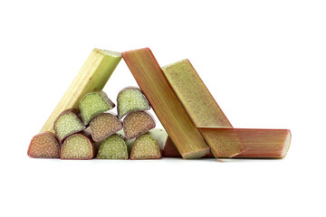 Rhubarb stalks of varying colors over white