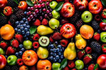 Varity of Fresh Tasty fruits arranged or decorated on table, Slices of varieties of tasty juicy...