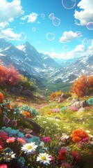 Enchanted valley with blooming flowers and floating bubbles, a fantasy artwork of an idyllic and peaceful mountainous retreat