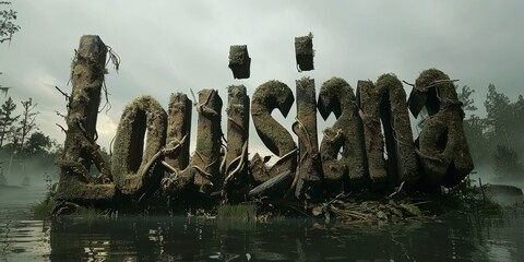 Surreal depiction of Louisiana text emerging from swamp waters, a powerful metaphor for resilience and survival