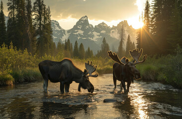 Two moose drinking water from the river in Grand Teton National Park, USA
