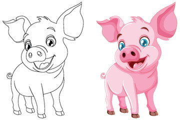 Black and white and colored pig illustrations