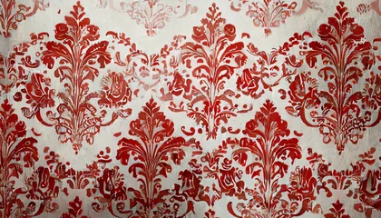 Fotobehang Red wallpaper vintage flock with red damask design on a white background retro vintage style © Hamad Baloch