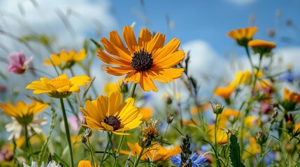 Close-Up of Bright Orange Wildflowers with Delicate Petals Against a Soft Sky, Highlighting the Detail and Delicacy of Springtime Blooms