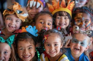 A group of happy children wearing cute costumes, including an orange hoodie with animal ears and two blue hoodies with space-themed hats, pose for the camera in their playroom at nursery school