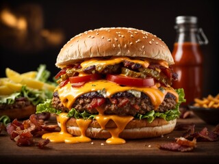 Cheeseburger with bacon and lettuce on a wooden table. The burger toasted bun with sesame seeds - obrazy, fototapety, plakaty
