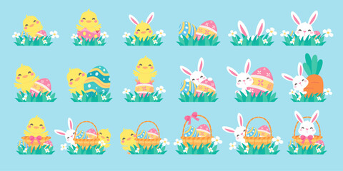 Cartoon chick with Easter eggs in the grass and Easter egg search activity with children.