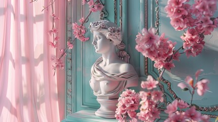 light blue spring home aesthetics, baroque inspired, ultra-realistic, all things pink, highly detailed, cinematic photography. Generated AI. 