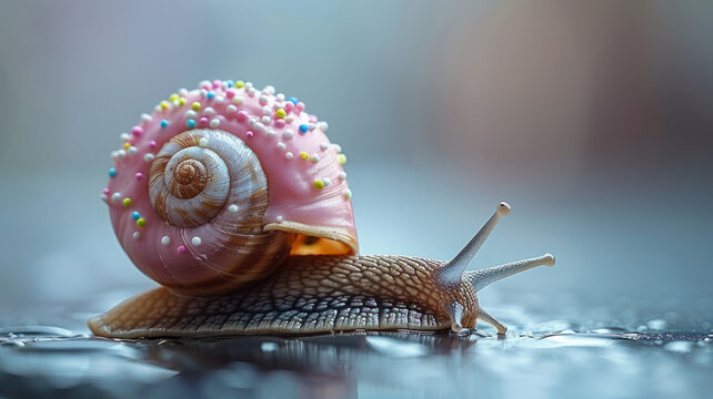 A pink donut with sprinkles on it, sitting atop the back of a snail which is crawling along at great speed on a blue background,generative ai