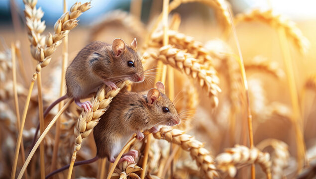 A group of mice perched on the top stem of an ear of wheat, each mouse holding onto one edge and sitting with their backs to it, overlooking a field of golden grain in autumn, showcasing small cute fa