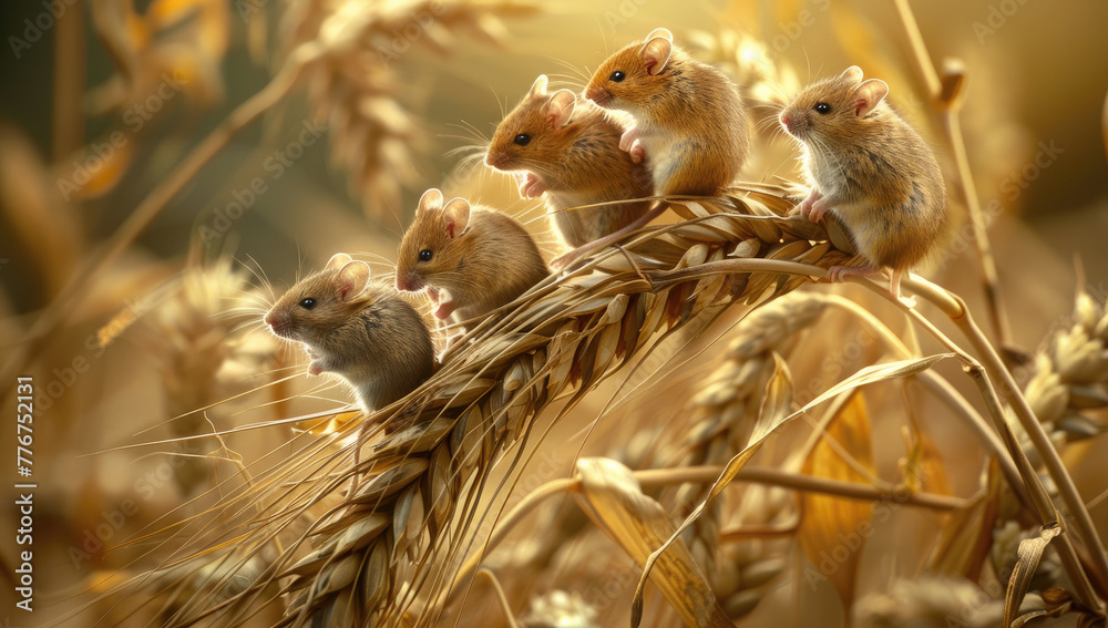 Wall mural A group of mice perched on the top stem of an ear of wheat, each mouse holding onto one edge and sitting with their backs to it, overlooking a field of golden grain in autumn, showcasing small cute fa - Wall murals