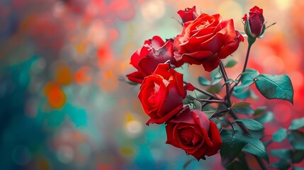 Red roses in full bloom, vibrant and lush with rich red petals against an abstract background of soft colors and bokeh effect. 
