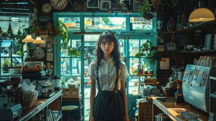 Fototapeta premium A beautiful young woman with a cafe with a pleasant atmosphere.generative ai