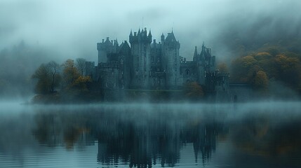 The old castle in the fog. Tranquil, mystical and mysterious atmosphere. Beauty landscape. Generative AI - obrazy, fototapety, plakaty